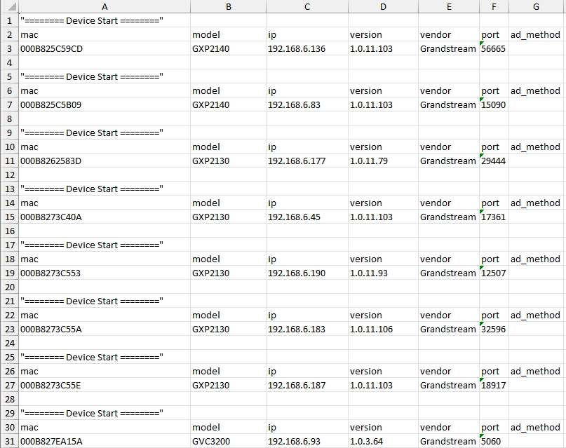 Device List XLSX Format - Documentation Center Informational spreadsheet listing network devices with MAC, model, IP, version, vendor, port, and ad_method fields across multiple entries with repeated Device Start headers.