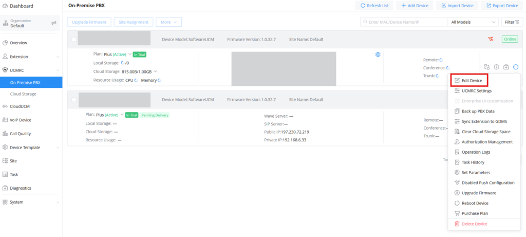 Edit device - Documentation Center On-Premise PBX dashboard showing two devices with status indicators and a right-side actions menu open (Edit Device highlighted).