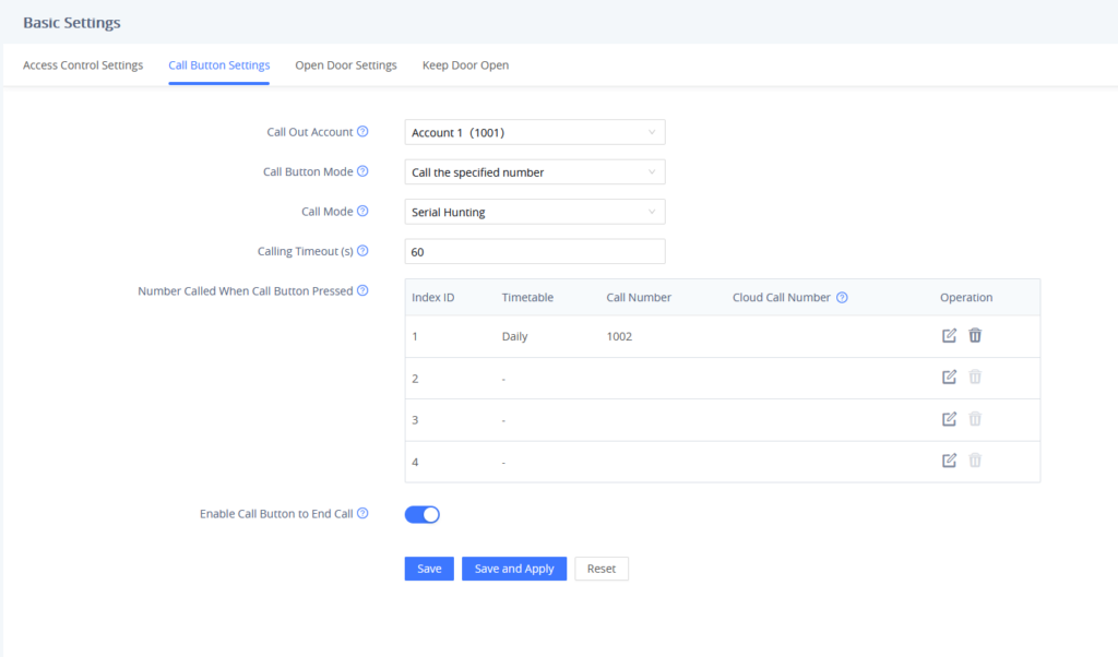 Basic Settings: Call Button Settings page showing account, mode, and timeout options with a table of call routes and an enable toggle at the bottom.