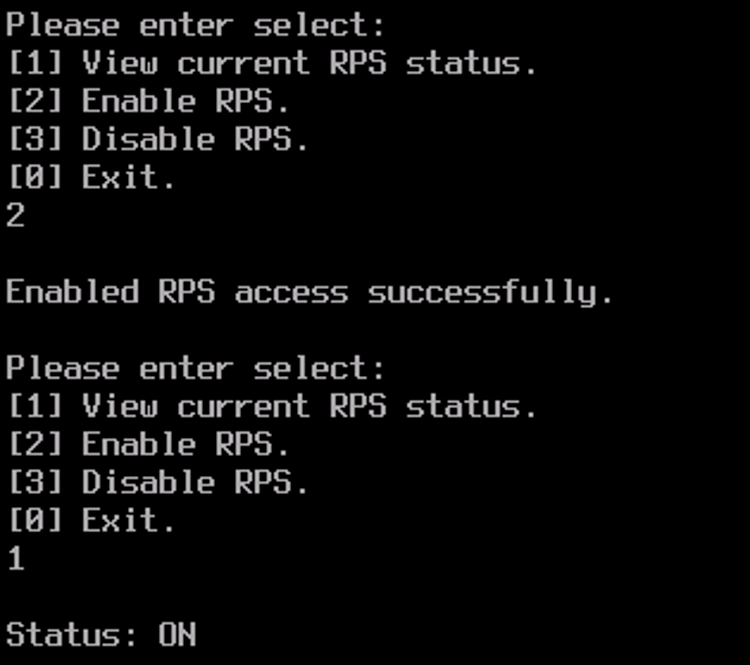 Enable RPS - Documentation Center Command-line menu: 1 View current RPS status, 2 Enable RPS, 3 Disable RPS, 0 Exit; then 'Enabled RPS access successfully' and 'Status: ON'.