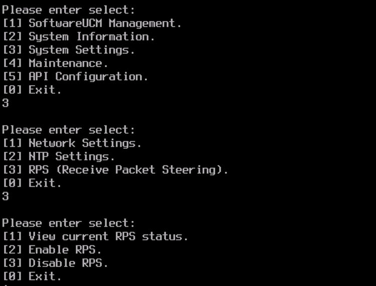 Enter RPS Settings - Documentation Center Text-based menu: choose SoftwareUCM Management, System Information, System Settings, Maintenance, API Configuration, or Exit (option 3).