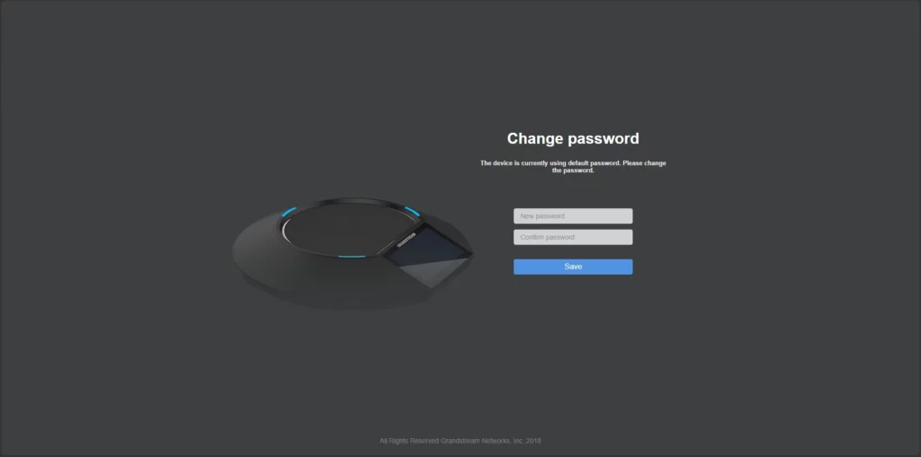GAC2500 Change Password - Documentation Center Dark password-change screen with a conference device on the left and fields for New password, Confirm password, and a blue Save button on the right.