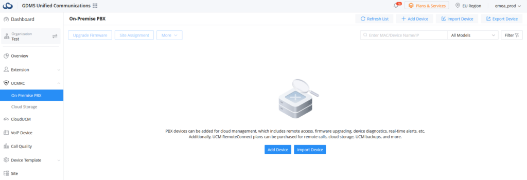 GDMS Unified Communication - Documentation Center Illustration showing an On-Premise PBX empty state with a device icon and magnifying glass, and Add Device / Import Device options below