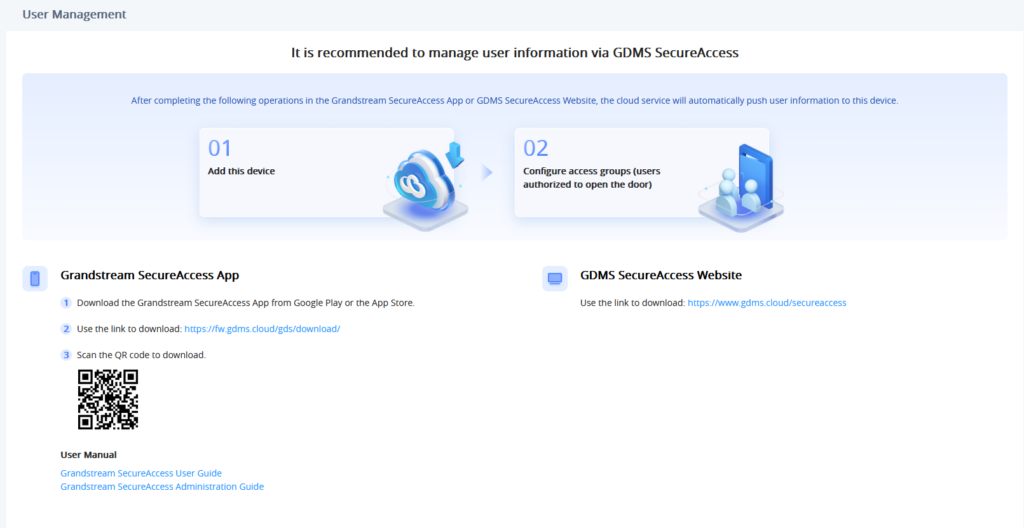 User Management page guiding to manage user info via GDMS SecureAccess, with steps to add this device and configure access groups, plus app/website download info and a QR code.