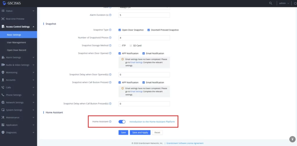GSC356x_HomeAssistant_Enable - Documentation Center Dashboard Settings page showing Access Control and Home Assistant options; left navigation menu visible. The Home Assistant toggle is on, with a link labeled 'Introduction to the Home Assistant Platform'.