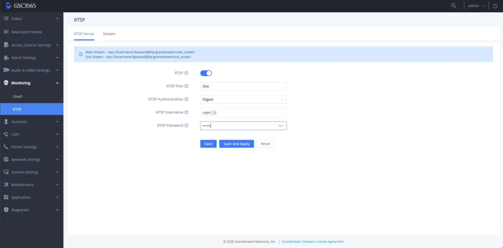 GSC356x_RTSP_Settings - Documentation Center RTSP settings page with toggle on, port 554, Digest authentication, username and password fields, and Save options