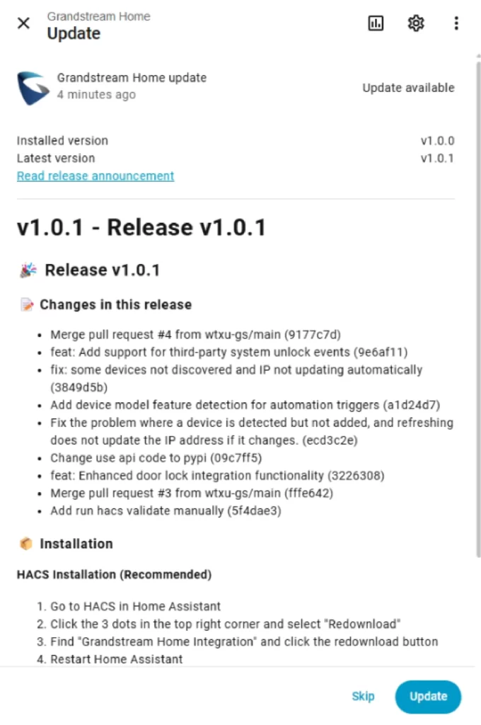 Grandstream Home Update - Documentation Center Screen shows Grandstream Home Update with 'Update available' and version numbers (Installed v1.0.0, Latest v1.0.1) and a 'Read release announcement' link plus release notes; Update button visible.