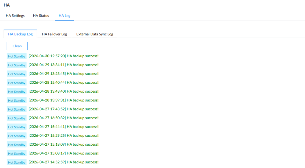 HA Logs - Documentation Center Interface showing HA Backup Log: a list of Hot Standby backup entries with timestamps and success messages, and a Clean button.