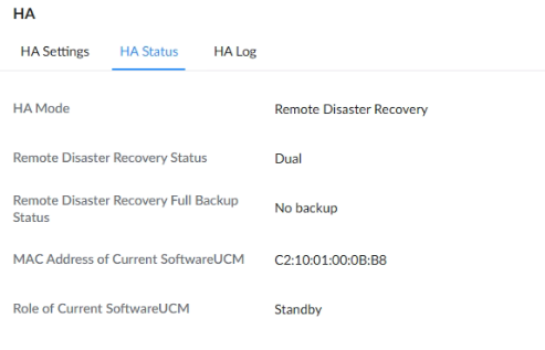 HA Status Secondary - Documentation Center HA Status page: Remote Disaster Recovery mode, DR Dual, no full backup; MAC C2:10:01:00:00:B8; Role: Standby.