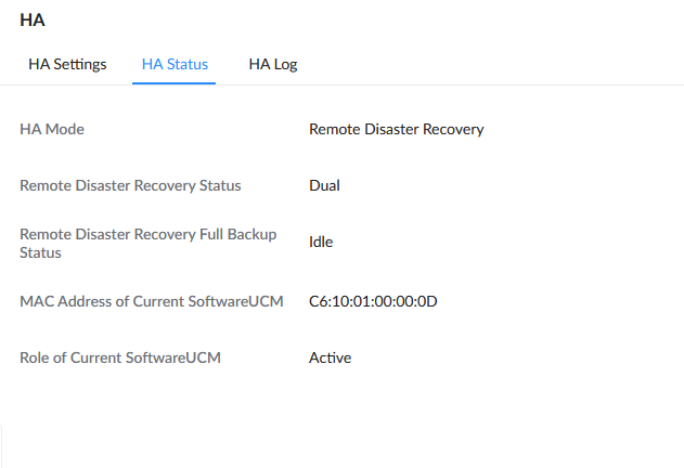 HA Status primary - Documentation Center HA Status screen with tabs (HA Settings, HA Status, HA Log); shows Remote Disaster Recovery mode Dual, full backup Idle, MAC C6:10:01:00:00:0D, role Active.