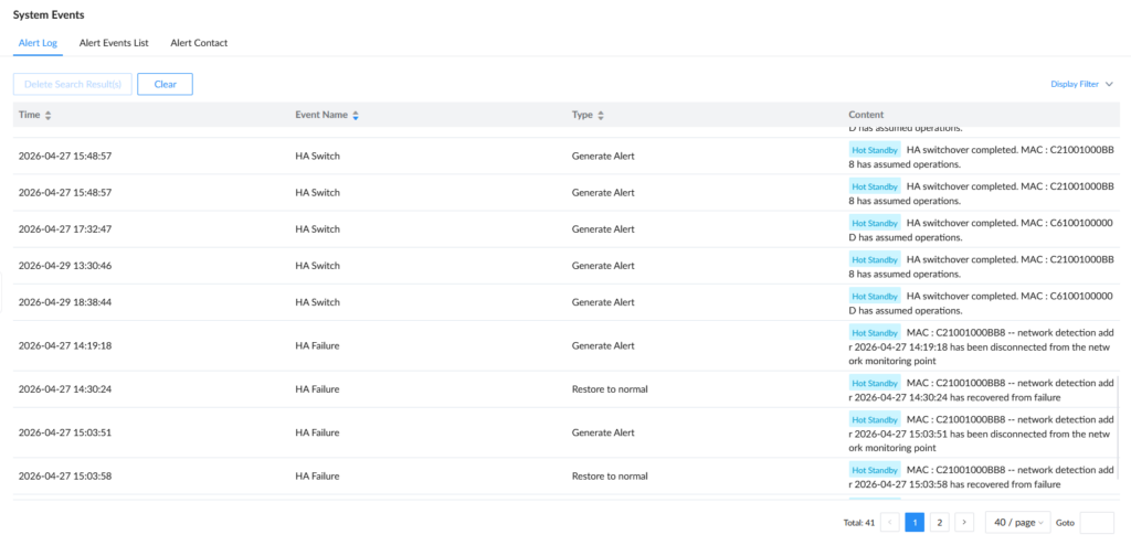 HA switch notifications - Documentation Center System Events log table with columns Time, Event Name, Type and Content, showing HA Switch and Generate Alert entries with Hot Standby labels.