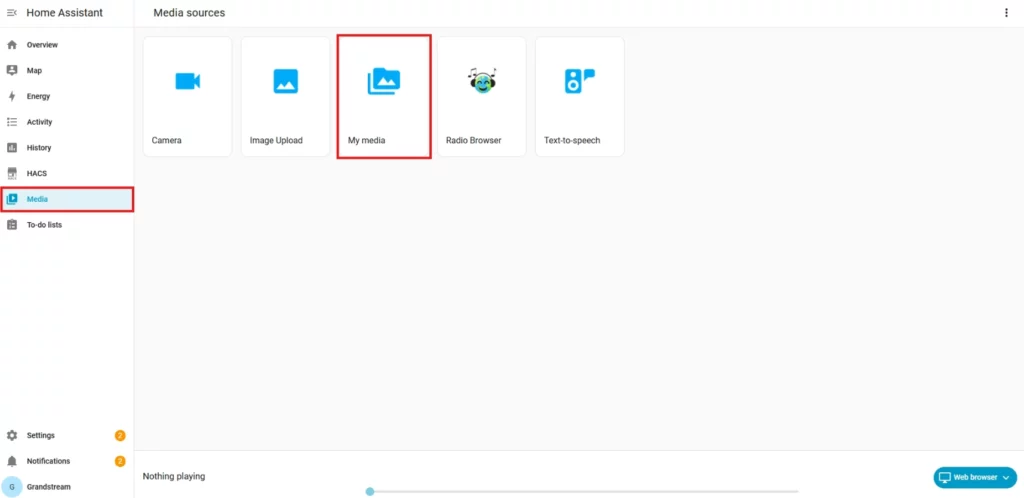 Home Assistant Media - Documentation Center Media sources page showing five options; 'My media' is selected (highlighted).