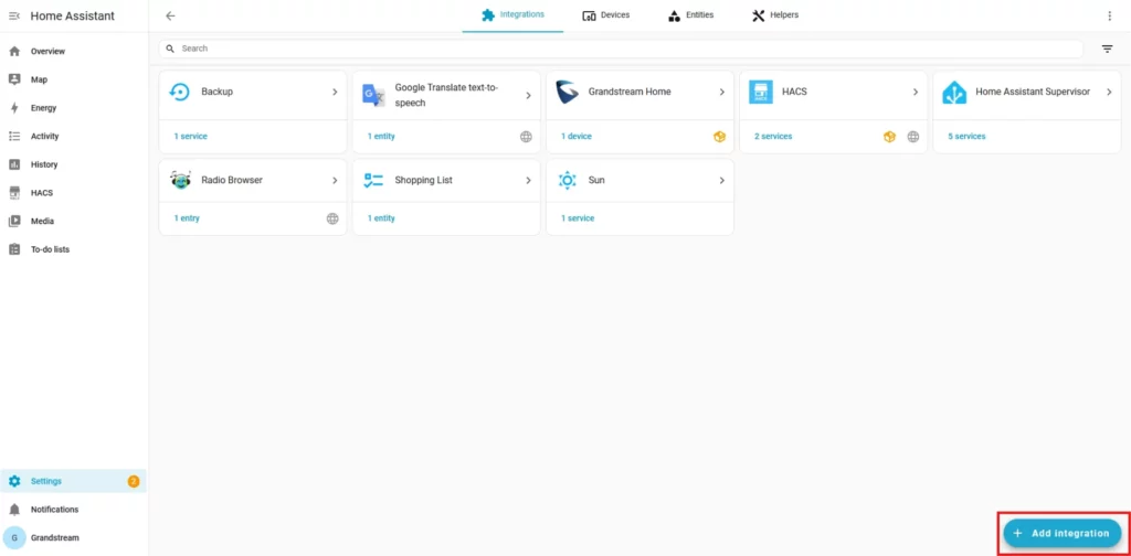 HomeAssistant Add integration - Documentation Center Home Assistant Integrations dashboard with tiles for Backup, Google Translate text-to-speech, Grandstream Home, HACS, and more; Add integration button bottom-right.