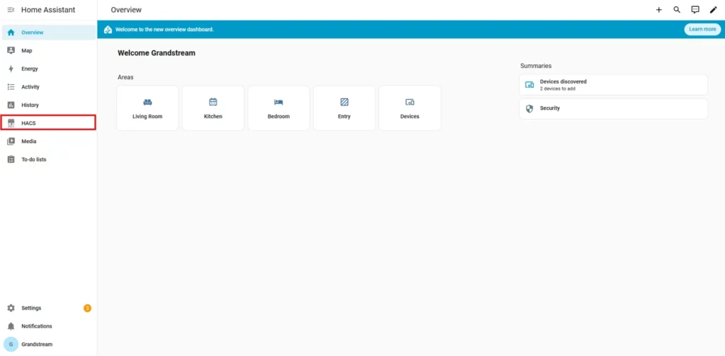 Home_Assistant_HACS - Documentation Center Home Assistant dashboard with HACS selected; main area shows Welcome Grandstream and tiles for Living Room, Kitchen, Bedroom, Entry, Devices; summaries on the right.