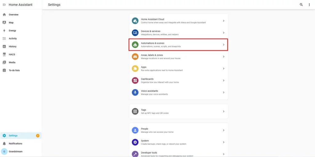 Home_Assistant_Settings_AutomationScenes - Documentation Center Settings menu in Home Assistant with Automations & scenes highlighted in the list