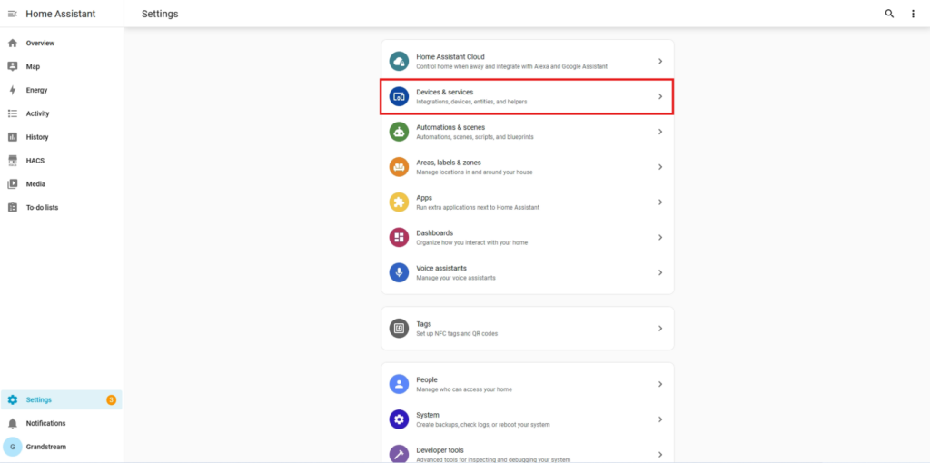 Home_Assistant_Settings_DevicesServices - Documentation Center Home Assistant Settings page with the Devices & services option highlighted in the list.