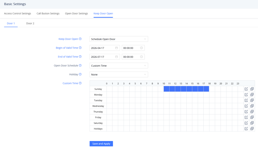 Basic Settings: Keep Door Open with Schedule Open Door, date/time pickers, and a weekly custom time grid.