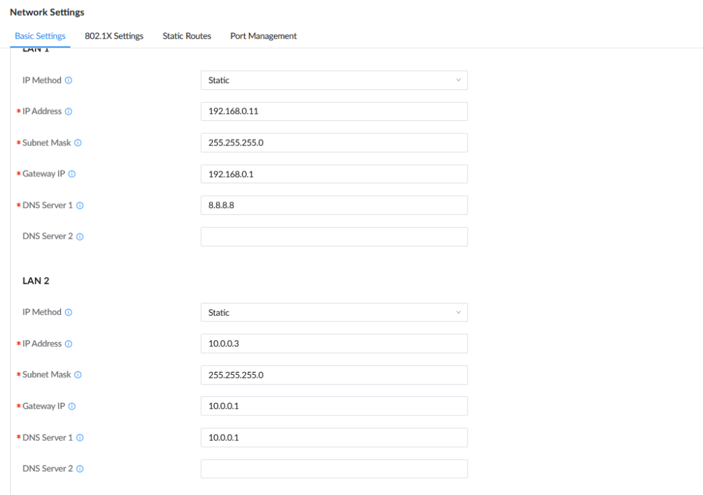 LAN1_LAN2 - Documentation Center Network Settings: two LANs with static IPs (192.168.0.11 and 10.0.0.3), subnets 255.255.255.0, gateways, and DNS servers (8.8.8.8, 10.0.0.1).