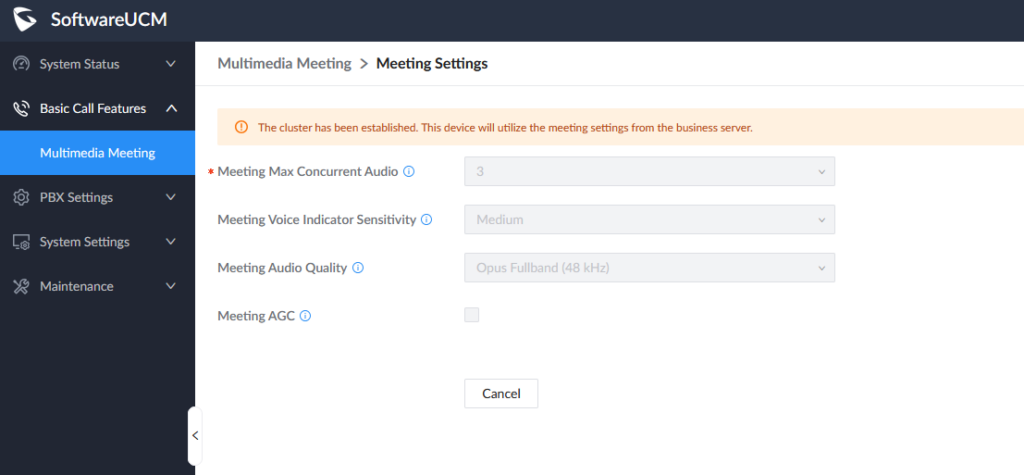 Multimedia meeting settings - Documentation Center UI screenshot of Multimedia Meeting settings: left navigation from SoftwareUCM, main panel shows warning banner, fields for max concurrent audio (3), voice sensitivity (Medium), audio quality (Opus Fullband 48 kHz), AGC option, and a Cancel button.