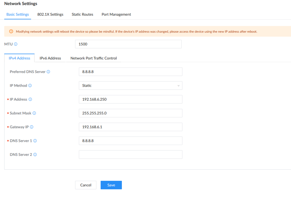Network Settings - Documentation Center Network Settings: IPv4 configuration with MTU 1500; IP 192.168.6.250; Subnet 255.255.255.0; Gateway 192.168.6.1; DNS 8.8.8.8 (primary); Cancel and Save buttons.