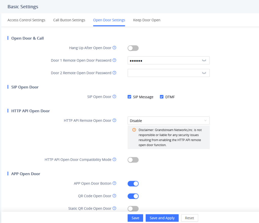 Open Door Settings page showing controls for Open Door & Call, SIP Open Door, HTTP API Open Door, and APP Open Door with toggles, password fields, and action buttons.