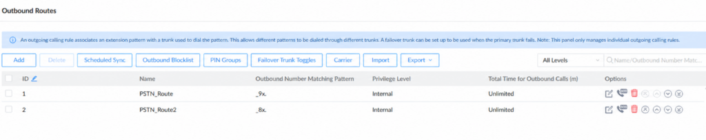 PSTN routes updated - Documentation Center Outbound Routes panel showing two routes (PSTN_Route, PSTN_Route2) with matching patterns -9x and -8x and internal privilege.