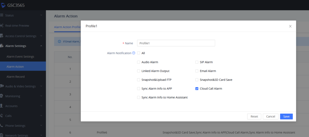 Modal dialog titled Profile1 for editing an alarm action profile; includes Name field and multiple notification options with Cloud Call Alarm checked.