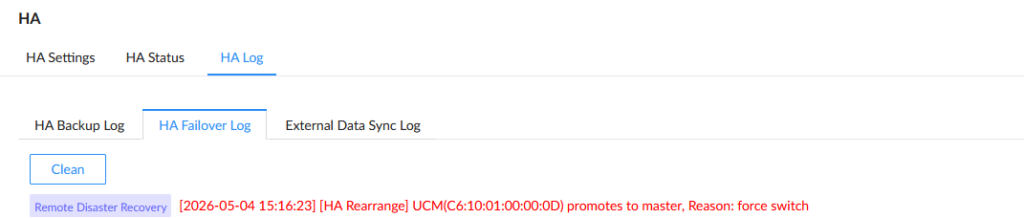 Remote Disaster Recovery - Documentation Center HA management UI showing tabs (Settings, Status, Log); Failover Log tab active with a Clean button and a Remote Disaster Recovery link; red log entry about force switch promoting to master.