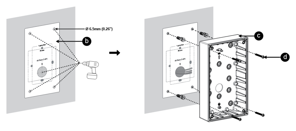 Screenshot 2026-04-17 092452 - Documentation Center Step-by-step: drill Ø6.5 mm holes, mount the wall plate, then secure the enclosure with screws.