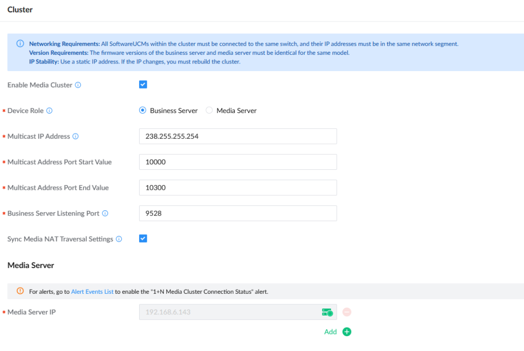 Screenshot 2026-04-28 175603 - Documentation Center Cluster configuration form: Enable Media Cluster checked; Device Role set to Business Server; Multicast IP 238.255.255.254 with port range 10000–10300; Business Server Listening Port 9528; Sync Media NAT Traversal enabled; Media Server IP 192.168.6.143 with add option.