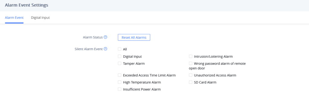Alarm Event Settings: tabbed interface with a Reset All Alarms button and a two-column checklist of silent alarm options (All, Digital Input, Intrusion/Loitering, Tamper, Wrong password, Exceeded Access Time, Unauthorized Access, High Temperature, SD Card, Insufficient Power).