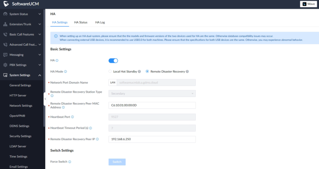 SoftwareUCM HA Remote Disaster secondary - Documentation Center HA Settings page in SoftwareUCM showing HA toggle on and Remote Disaster Recovery selected with network and disaster recovery fields.