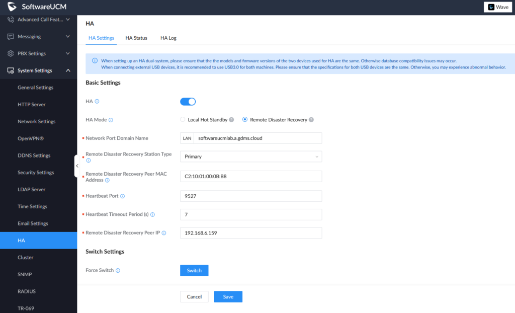 SoftwareUCM HA Remote disaster primary - Documentation Center HA settings page with a basic configuration form: domain name, remote disaster recovery type, peer IP/MAC, heartbeat port/timeout, and Save/Cancel actions (left navigation shows HA tab).