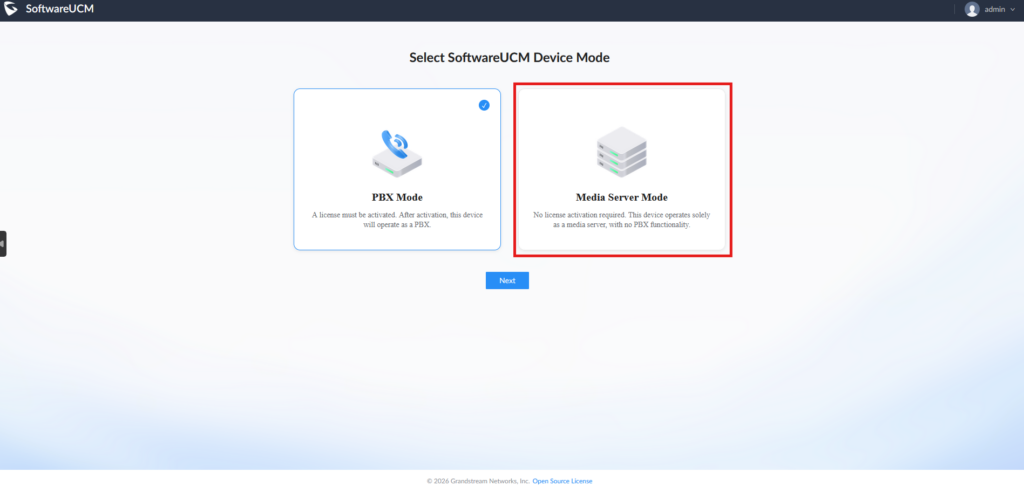 SoftwareUCM Media server - Documentation Center Select SoftwareUCM Device Mode: PBX Mode (selected) on the left and Media Server Mode on the right.