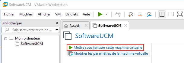 Start the SoftwareUCM virtual machine - Documentation Center VMware Workstation window with SoftwareUCM; highlighted 'Power on this virtual machine' and 'Edit virtual machine settings' options.