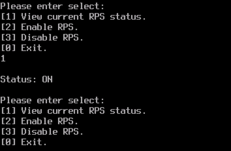 View Current RPS Status - Documentation Center Command-line menu showing options to view RPS status, enable, or disable RPS, with Status: ON.