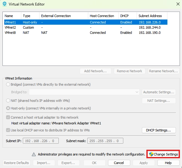 Virtual Network Editor Dual NIC - Documentation Center Screenshot of Virtual Network Editor showing three VMnets: VMnet1 Host-only with connected host, subnet 192.168.226.0/24; VMnet2 Custom with 192.168.244.0/24; VMnet8 NAT with 192.168.190.0/24. Subnet IP 192.168.226.0 and 255.255.255.0 displayed. Change Settings button highlighted.