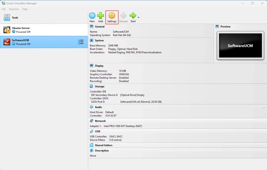 VirtualBox SoftwareUCM - Documentation Center VirtualBox Manager: SoftwareUCM VM selected; Settings button highlighted in the toolbar with details displayed on the right panel.