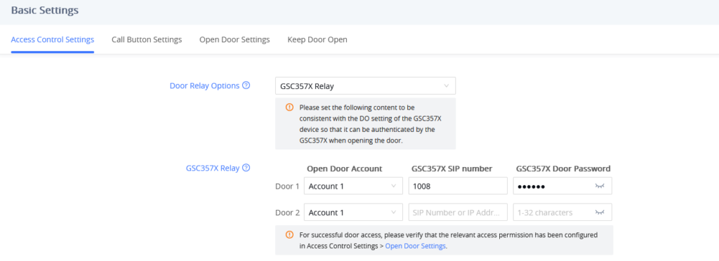 Basic Settings page with Access Control Settings tab selected; shows GSC357X Relay options, a warning about DO settings, and Door 1–Door 2 configuration fields (Account, SIP number, and password).
