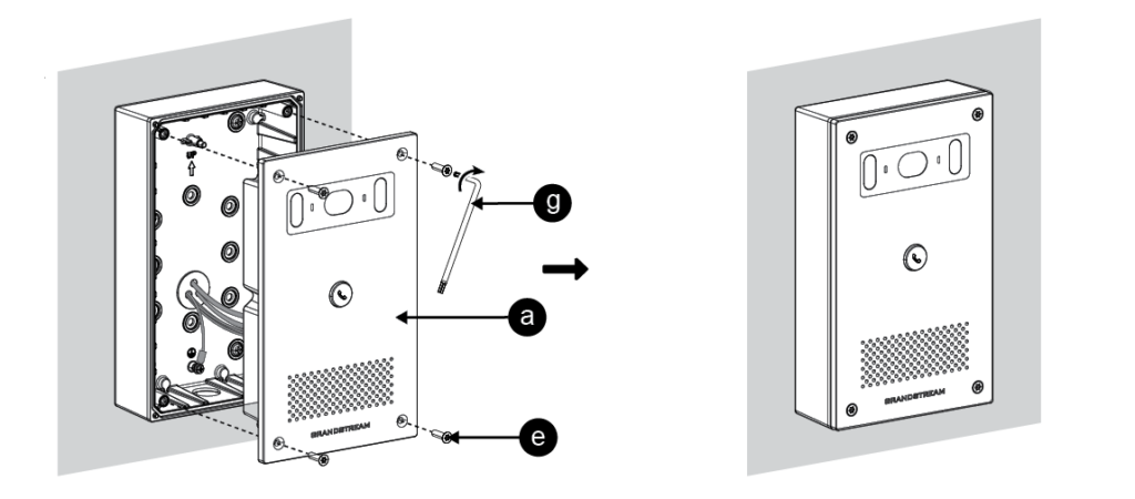 final installation of the device - Documentation Center Exploded view of a wall‑mount electrical enclosure with the front panel removed, showing internal components and screw placements for assembly or disassembly (left). Right shows the fully assembled enclosure side view with ventilation grille and mounting holes.
