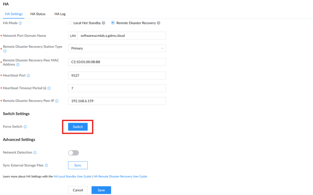 force switch Remote disaster recovery - Documentation Center High Availability settings with Remote Disaster Recovery selected; DR IP 192.168.6.159 and a highlighted Switch button.