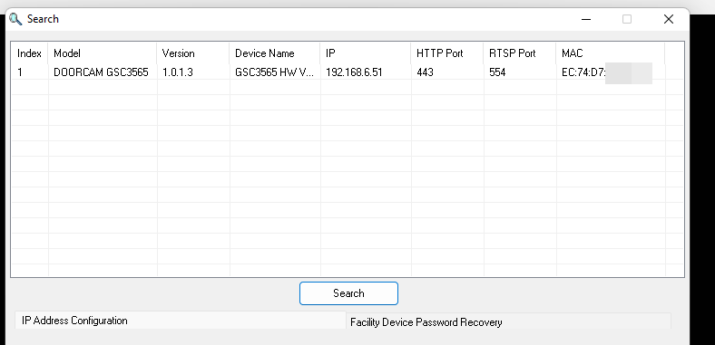 gs search GSC356x - Documentation Center Software search window listing a DOORCAM GSC3655 device with IP 192.168.6.51, HTTP 443, RTSP 554, and a partially hidden MAC; a centered Search button below; bottom strip shows 'IP Address Configuration' and 'Facility Device Password Recovery'.
