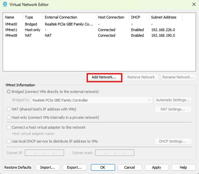 image - Documentation Center Screenshot of Windows Virtual Network Editor showing VMnet0, VMnet1 and VMnet8 with the 'Add Network...' button outlined in red.