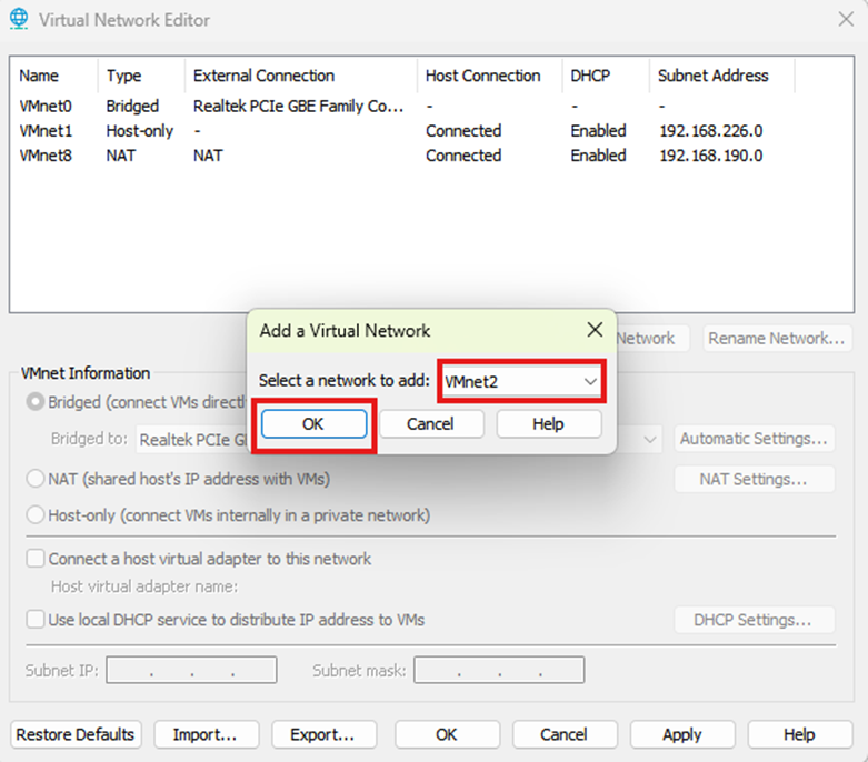 image - Documentation Center Dialog from Virtual Network Editor showing Add a Virtual Network: 'Select a network to add: VMnet2' with OK button highlighted.