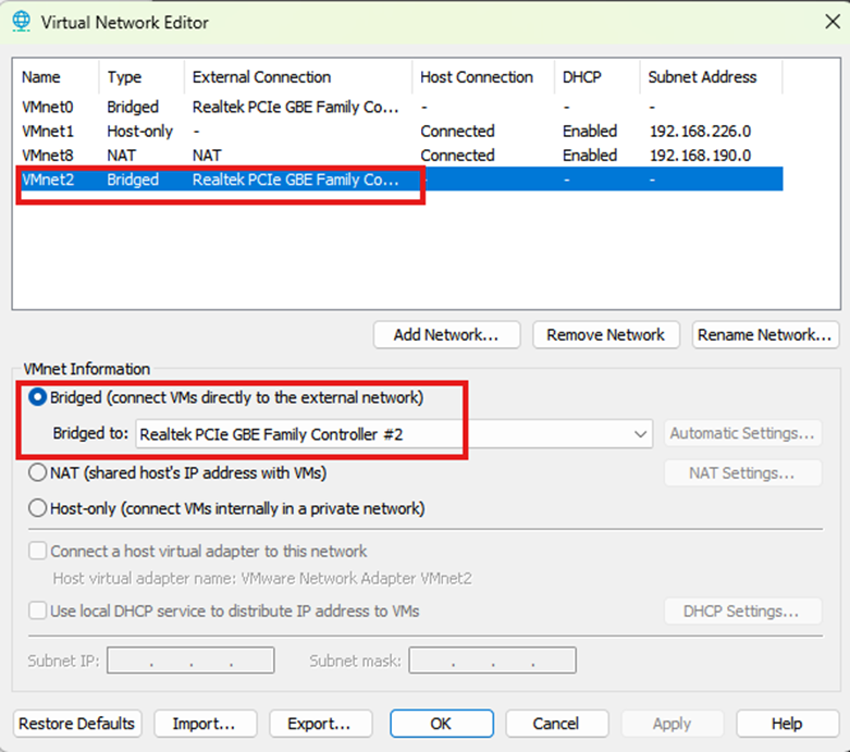 image - Documentation Center Screenshot of Virtual Network Editor. VMnet2 is selected as Bridged, bridging VMs directly to the external network, to Realtek PCIe GBE Family Controller #2.