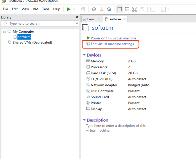 image - Documentation Center VMware Workstation window with the 'softucm' virtual machine selected and 'Edit virtual machine settings' highlighted.