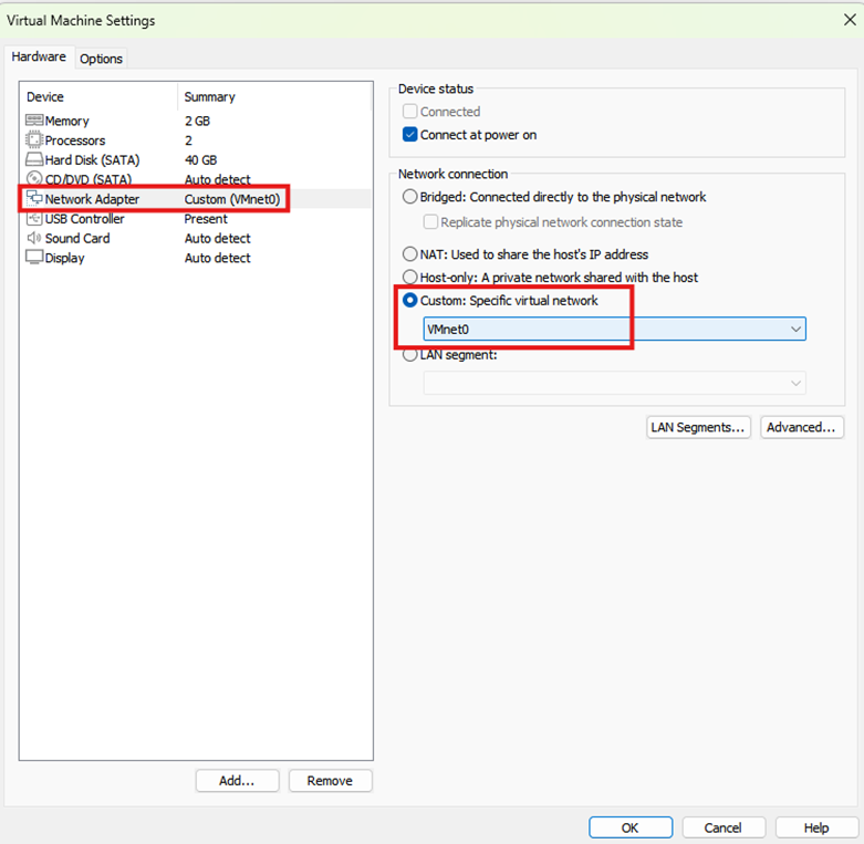 image - Documentation Center Virtual Machine Settings window showing the Network Adapter configured as a Custom: Specific virtual network (VMnet0) selected.
