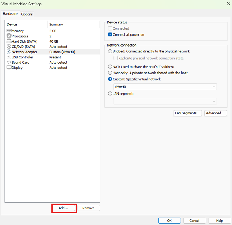 image - Documentation Center Virtual Machine Settings dialog showing hardware devices list with an Add button highlighted to add a new device