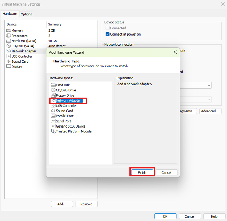 image - Documentation Center Virtual Machine Settings window with Add Hardware wizard open; Network Adapter selected and Finish button highlighted.