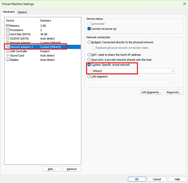 image - Documentation Center Virtual Machine Settings: Network Adapter 2 configured as a Custom: VMnet2 network with 'Connect at power on' enabled.